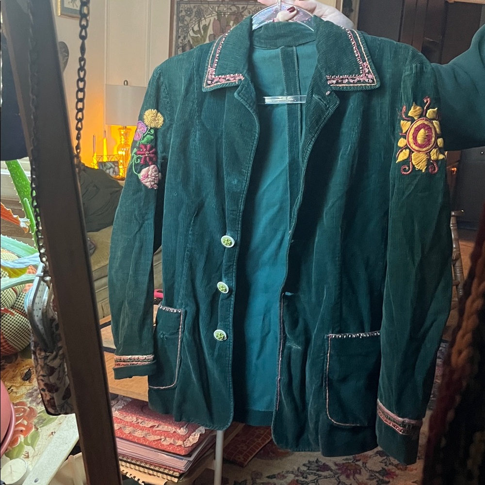 Hand Embroidered Green Jacket with Floral Accents